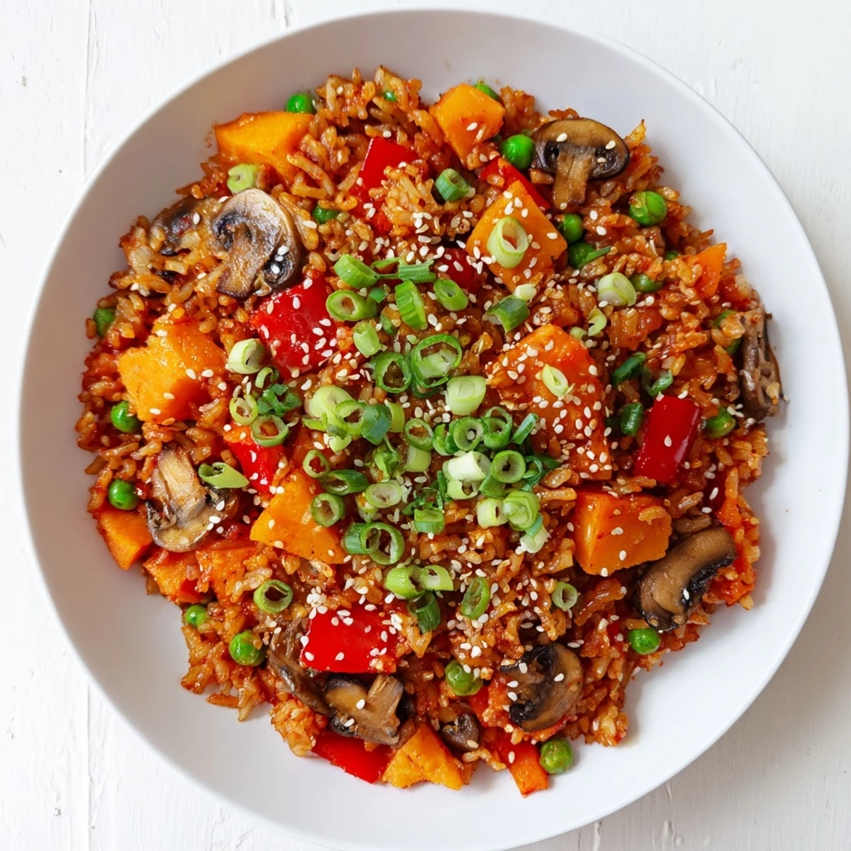 Steaming plate of Korean-inspired spicy vegan gochujang fried rice topped with fresh green onions and sesame seeds