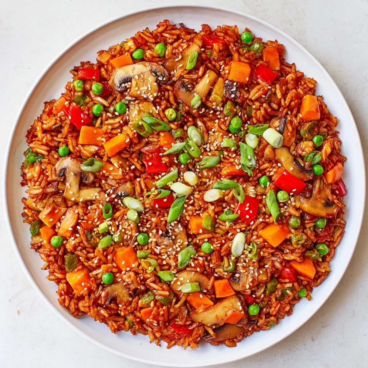 Vibrant vegan gochujang fried rice with colorful vegetables and spicy red Korean chili sauce coating