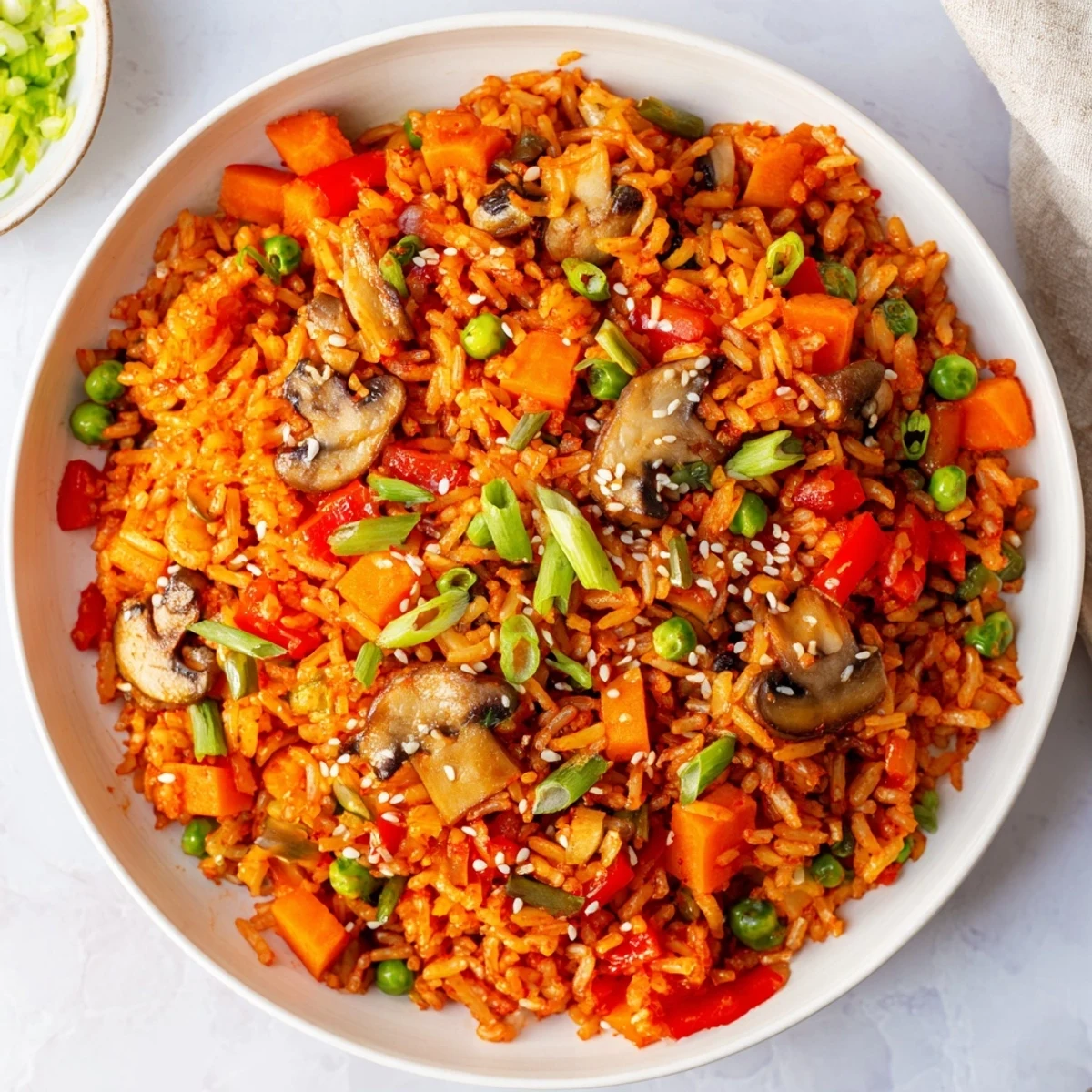 Savory vegan gochujang fried rice stir-fried with crisp vegetables in a hot wok for a quick plant-based dinner