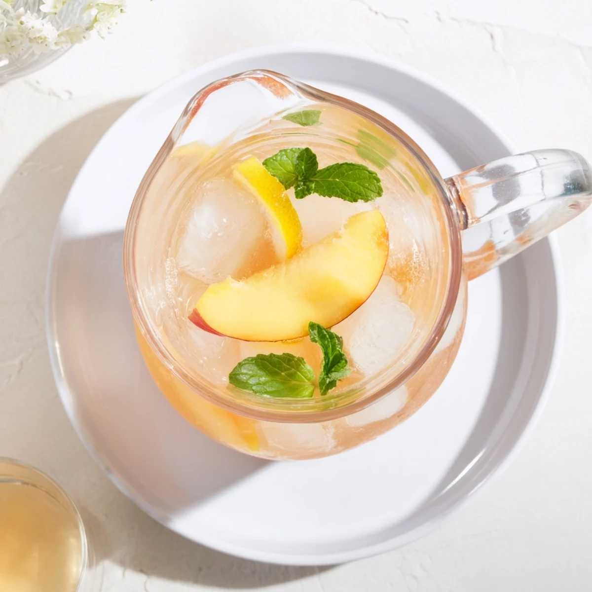 Refreshing peach lemonade drink garnished with fresh mint and peach slices over ice