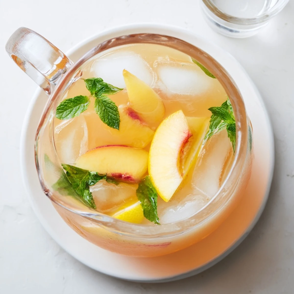 Glass of homemade peach lemonade showcasing vibrant orange peach puree swirled with zesty lemonade