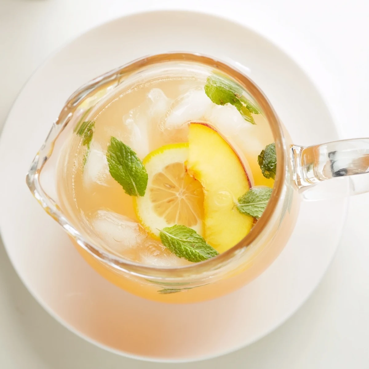 Golden peach lemonade pitcher served with floating peach wedges and lemon wheels on summer table