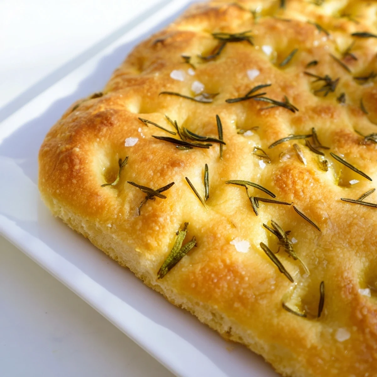 Homemade focaccia baking to golden perfection with fragrant rosemary sprigs scattered across the dimpled surface