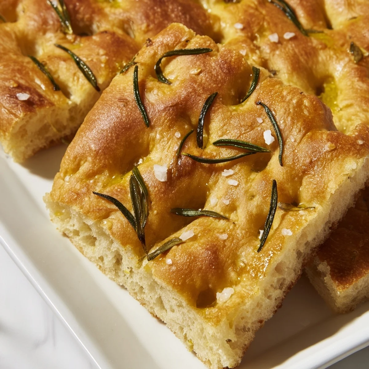 Crispy focaccia flatbread with olive oil dimples and herb garnish ready for slicing and serving