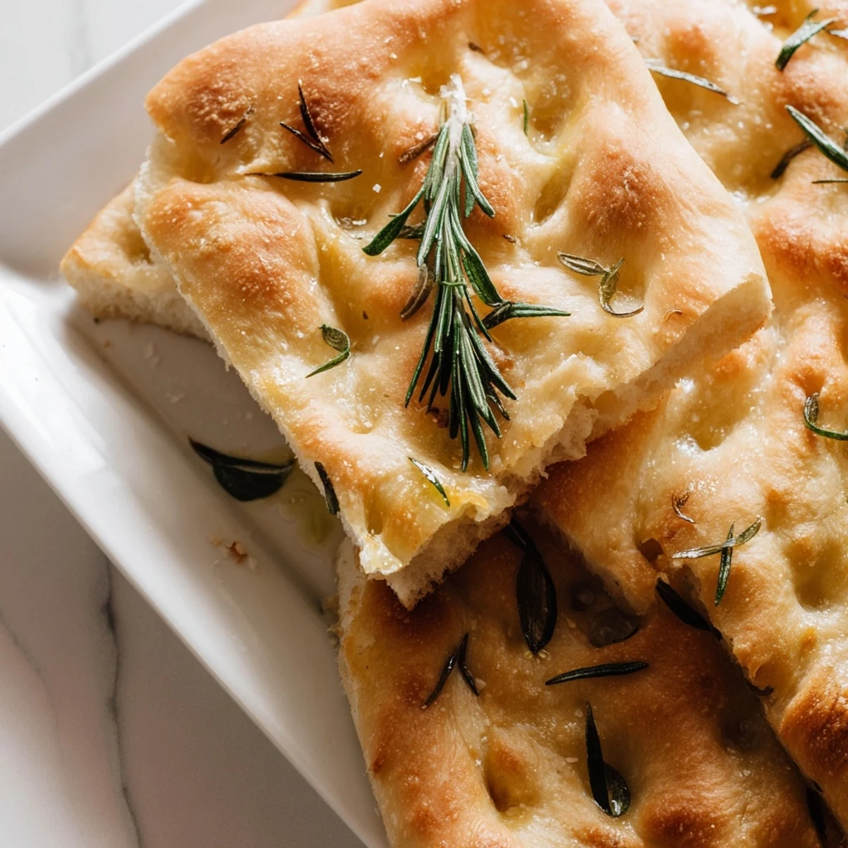 Golden Italian focaccia bread topped with fresh rosemary and flaky sea salt on a rustic wooden board