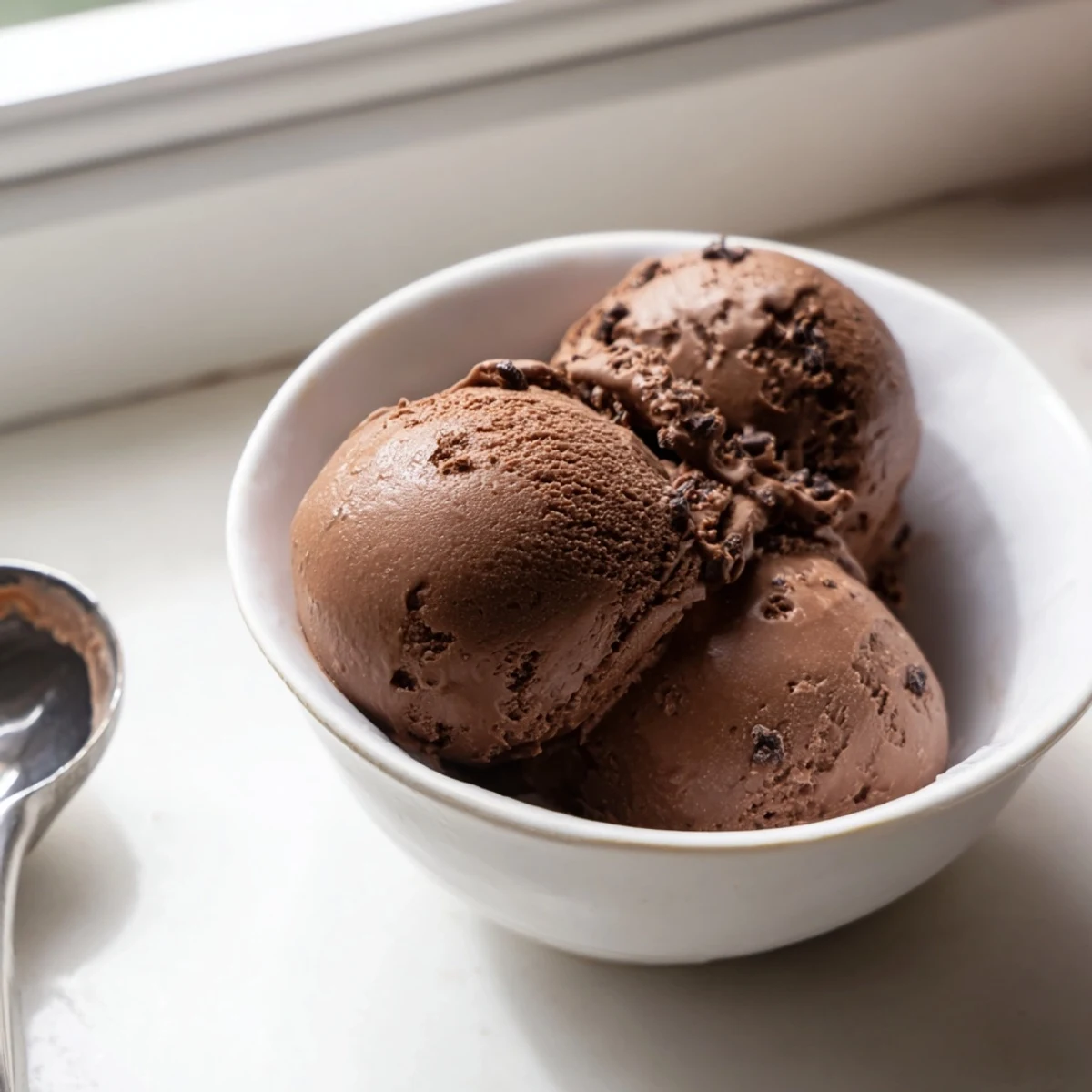 Creamy chocolate sourdough ice cream scooped into a chilled bowl with dark chocolate shavings sprinkled on top