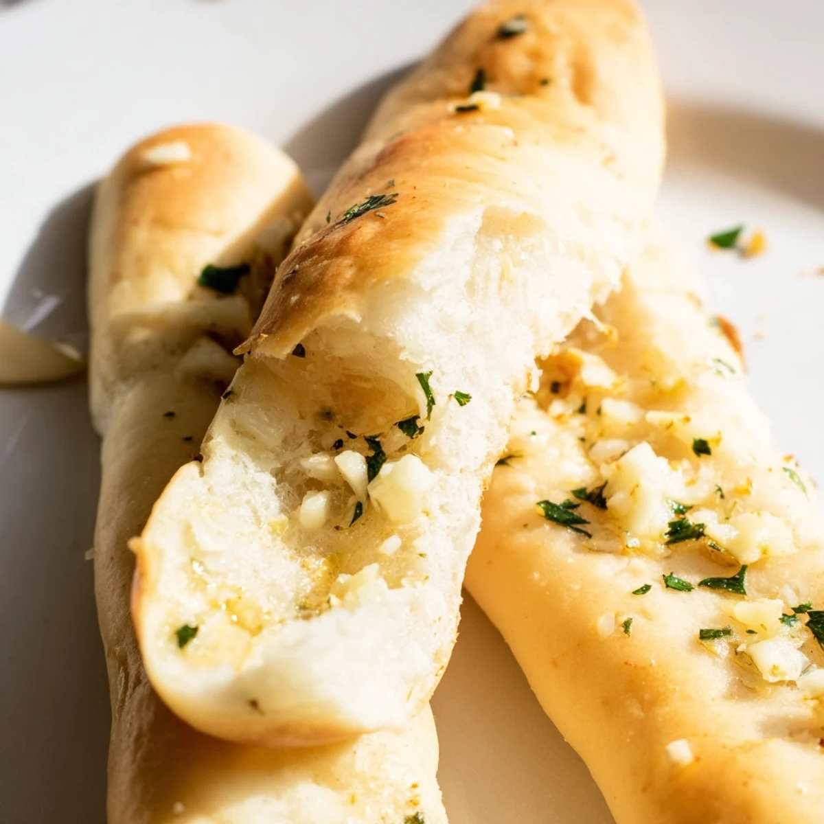 Soft Italian garlic breadsticks freshly baked with garlic herb butter topping ready for dipping in marinara
