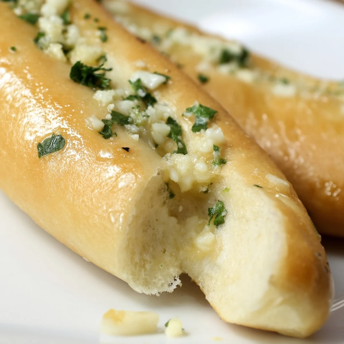 Golden homemade garlic breadsticks brushed with melted butter and fresh parsley on a white baking sheet
