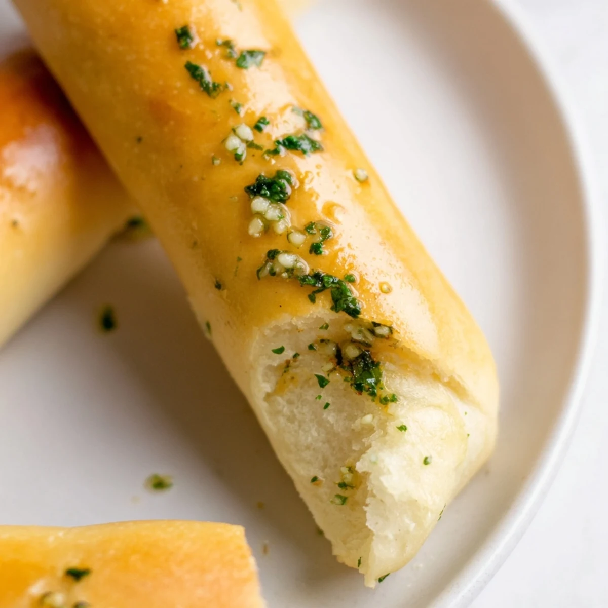 Warm fluffy garlic breadsticks arranged on parchment with golden crusts and shiny butter coating