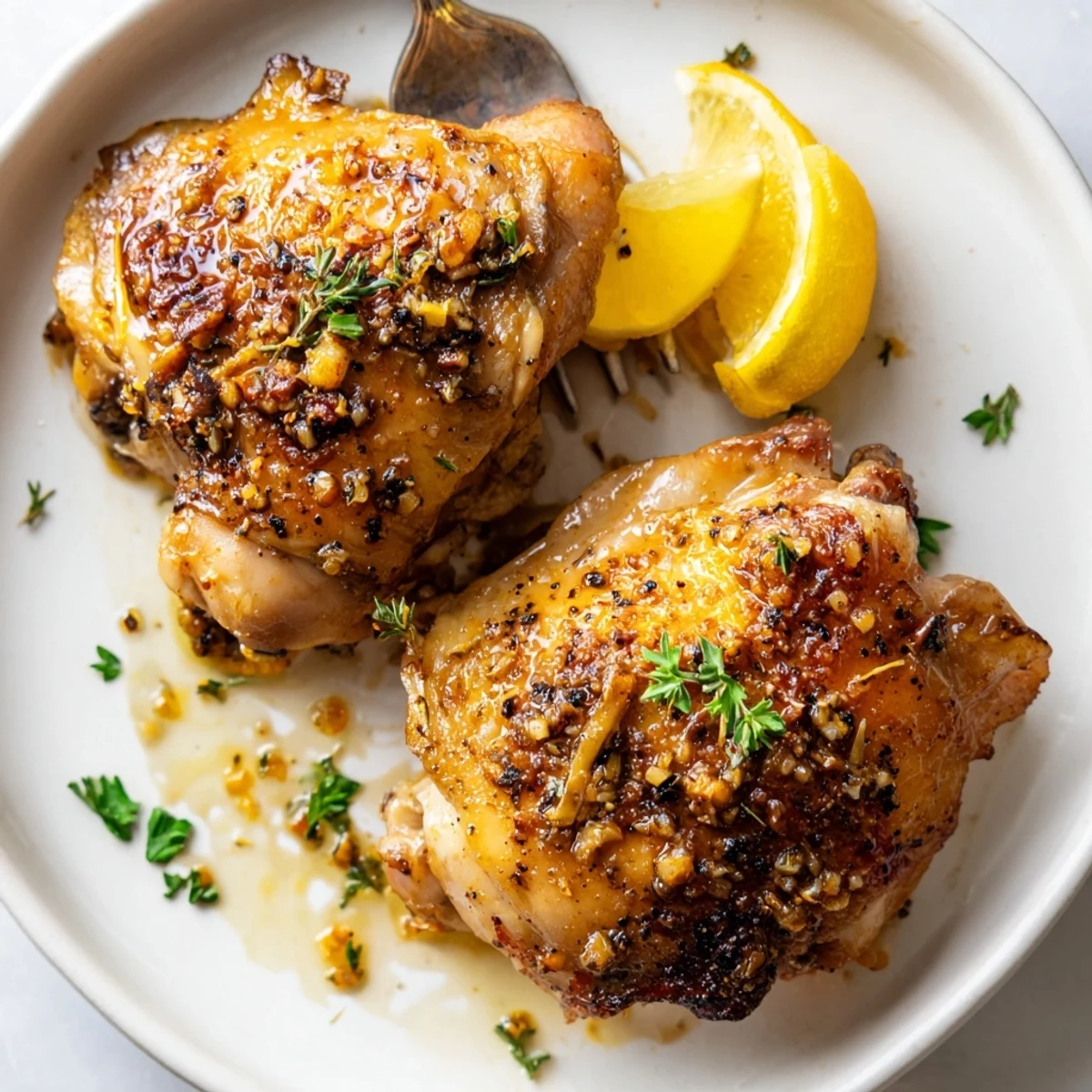 Lemon Pepper Chicken Thighs roasted to golden crisp, zesty lemon aroma, parsley garnish