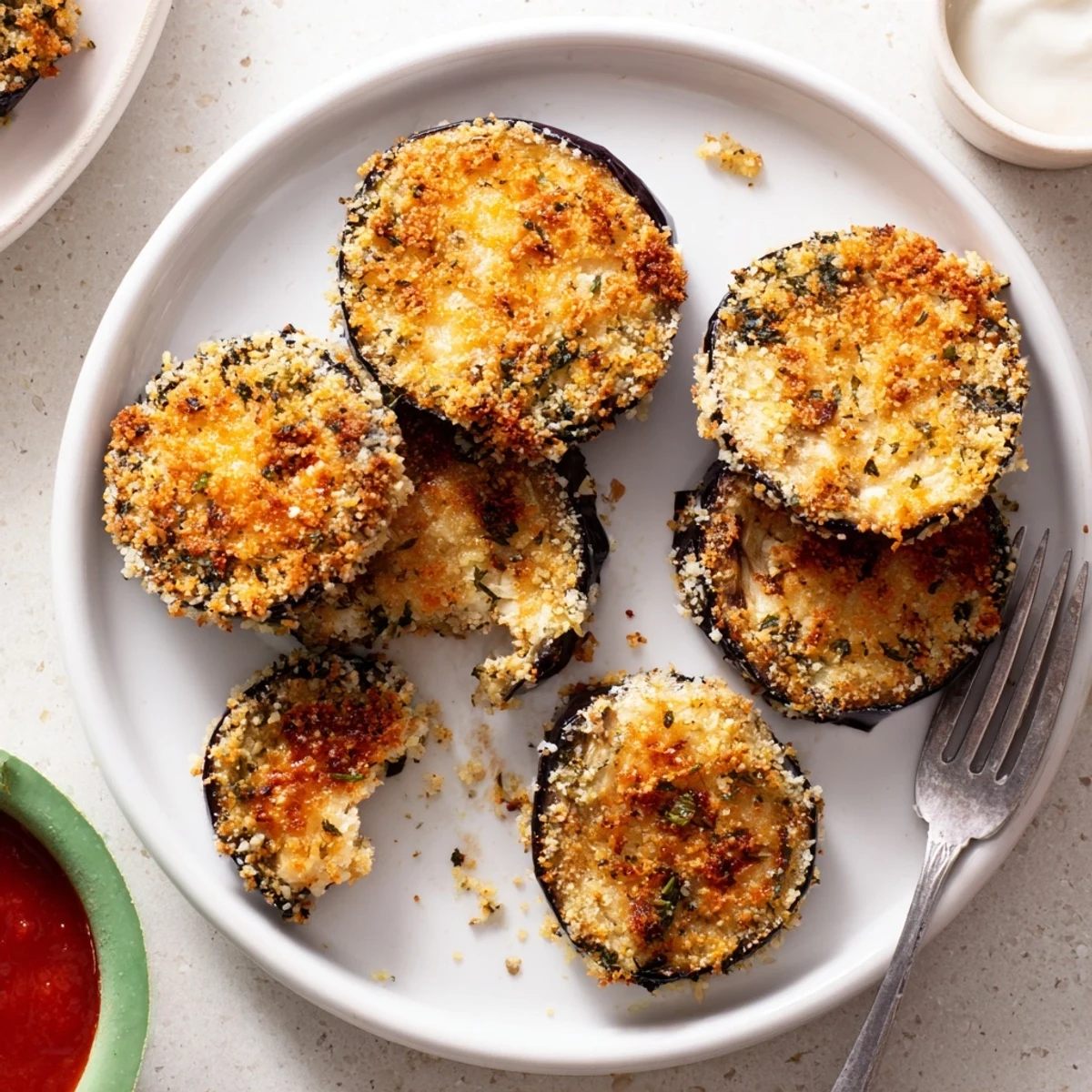 Crispy Baked Eggplant slices golden, herbed breadcrumb crust, served with marinara