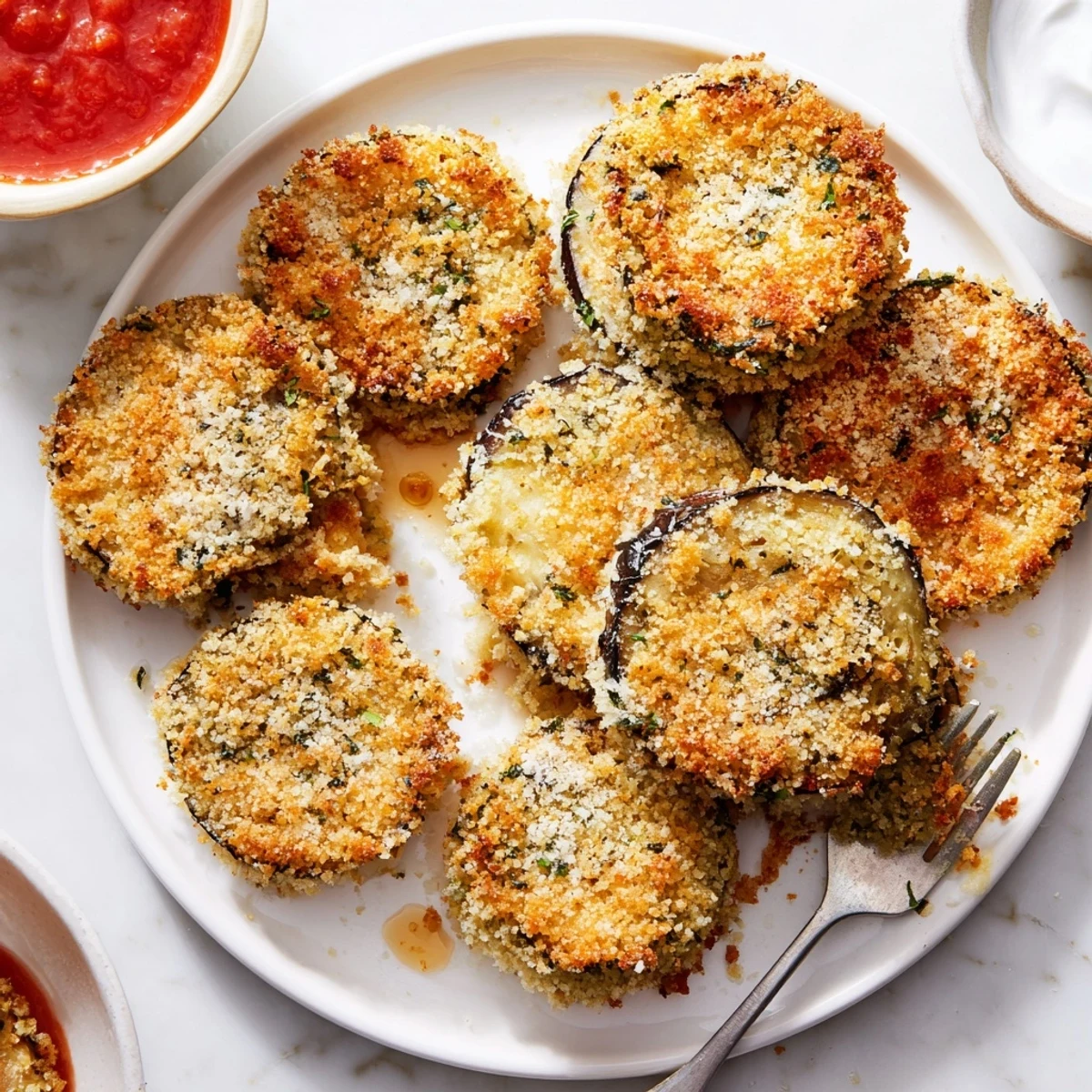 Warm Crispy Baked Eggplant rounds, tender inside, crunchy outside, lemon wedge