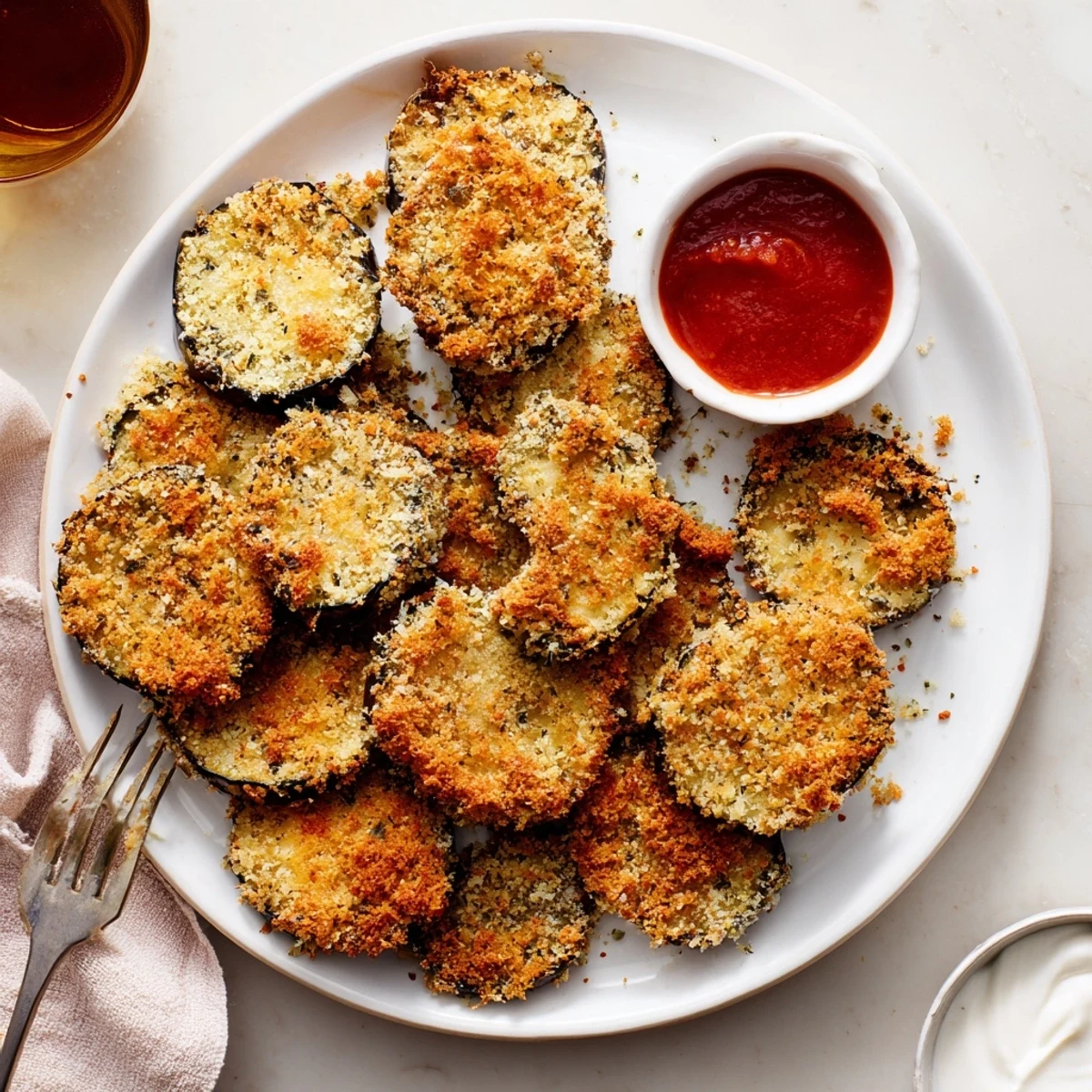 Sheet pan Crispy Baked Eggplant arranged, sprinkled with Parmesan, ready for dipping