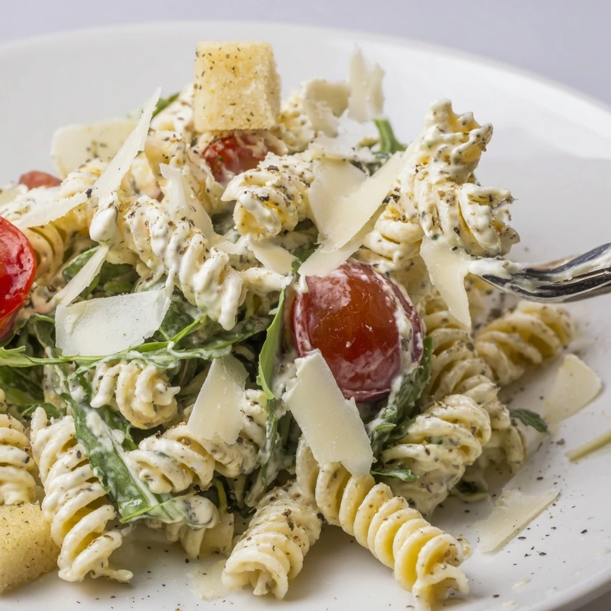 Arugula Pasta Caesar Salad with shaved Parmesan, crunchy croutons, and lemony dressing.