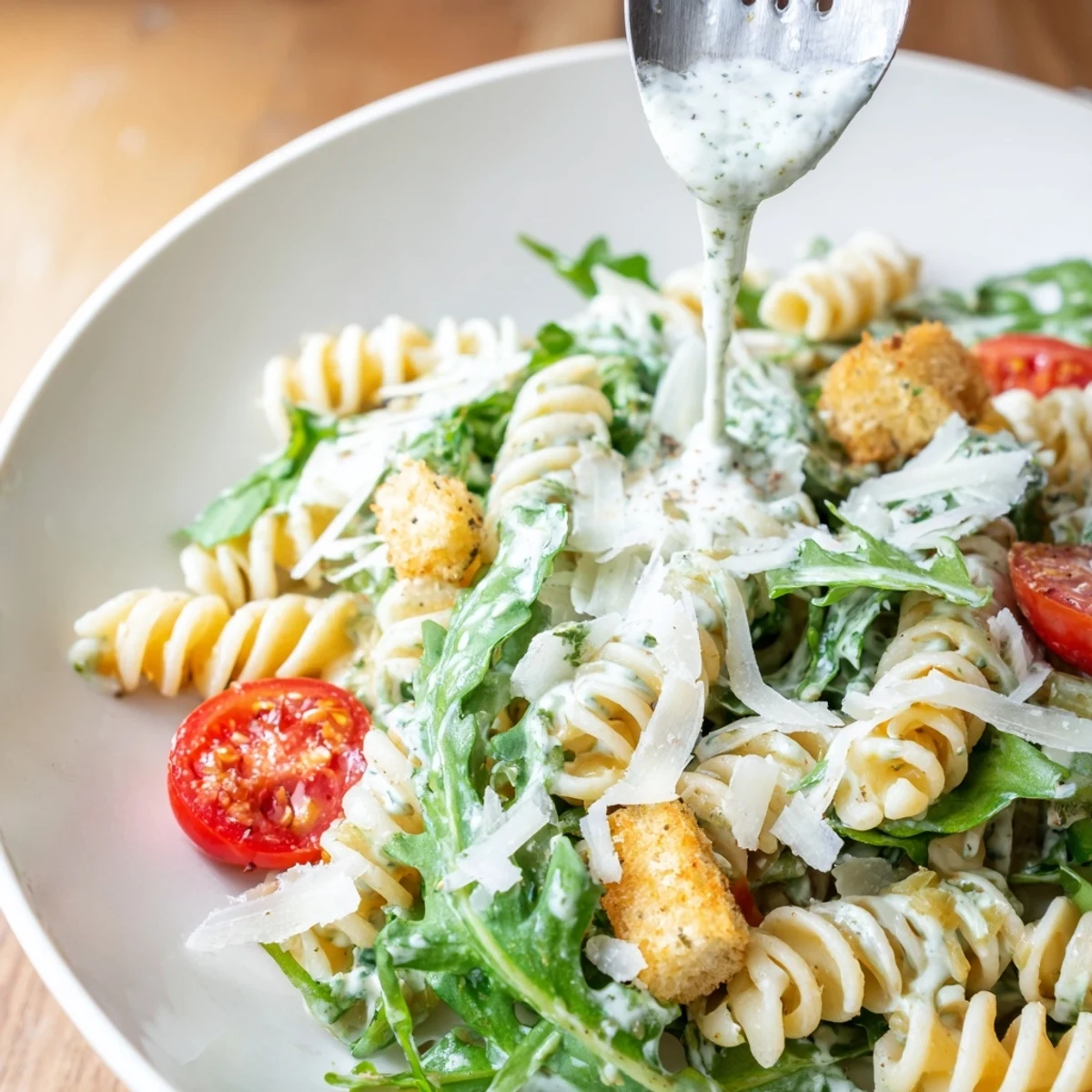 A warm mix of al dente pasta and tomatoes in Arugula Pasta Caesar Salad.