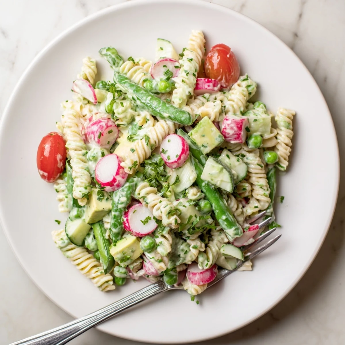 Chilled Green Goddess Pasta Salad tossed with lemony dressing, cherry tomatoes, sliced radishes