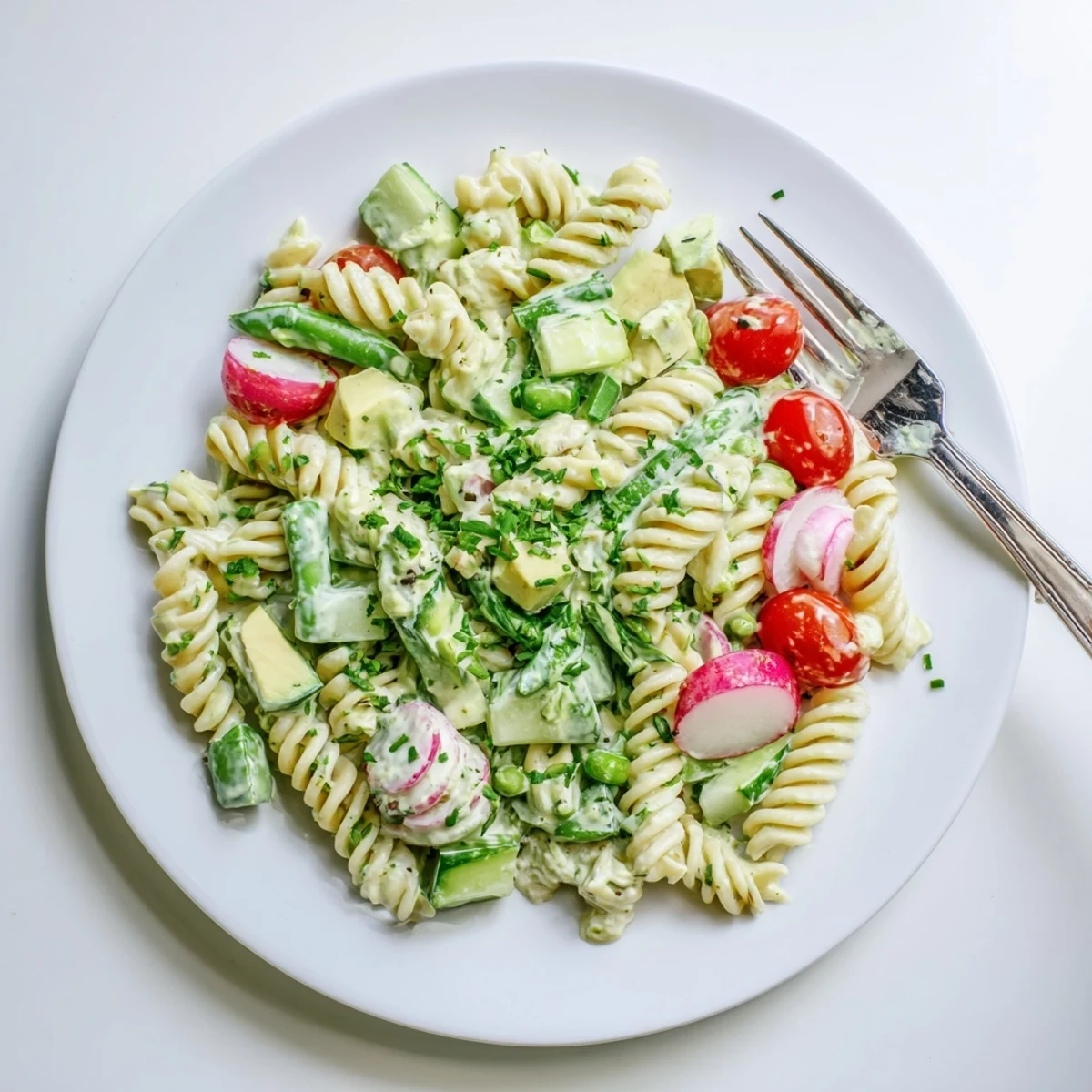 Perfect for picnics Green Goddess Pasta Salad, creamy herbs, crunchy cucumbers, vibrant tomatoes
