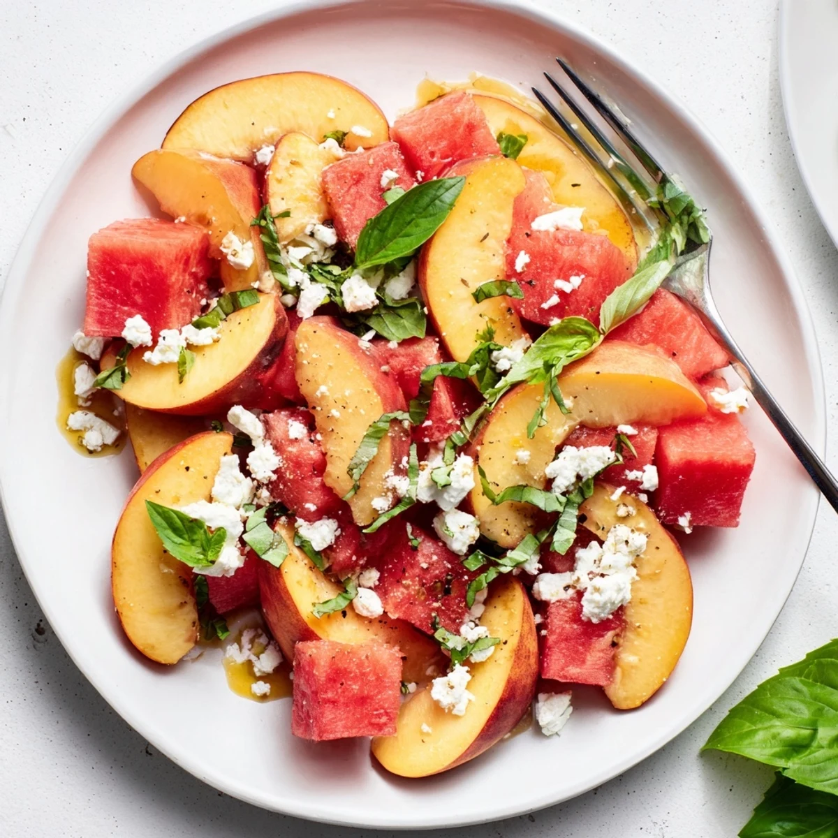 Peach Watermelon Salad With Feta piled in a wooden bowl, juicy, tangy.