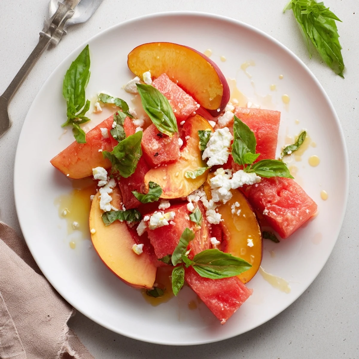 Peach Watermelon Salad With Feta served picnic-style, sweet slices, salty cheese, refreshing.