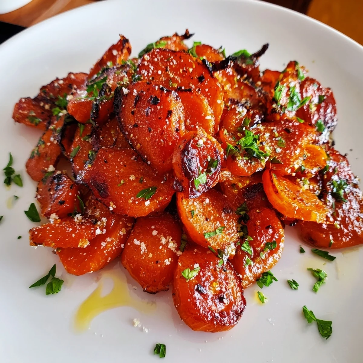 Crispy Smashed Carrots roasted to golden edges, olive oil sheen, parsley garnish