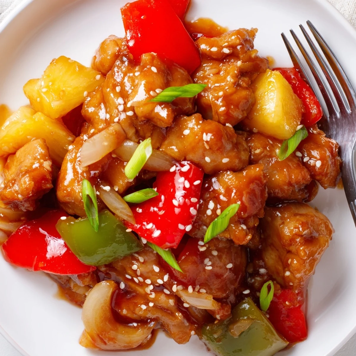 Sweet Hawaiian Crockpot Chicken glistening with pineapple and peppers over rice