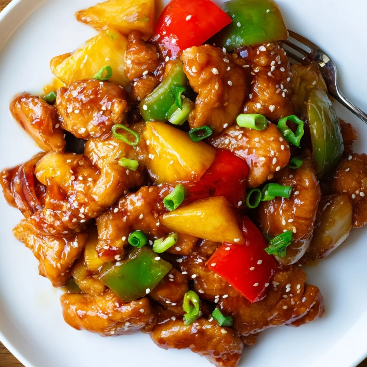 Family-style Sweet Hawaiian Crockpot Chicken served hot with sesame, scallions, jasmine rice
