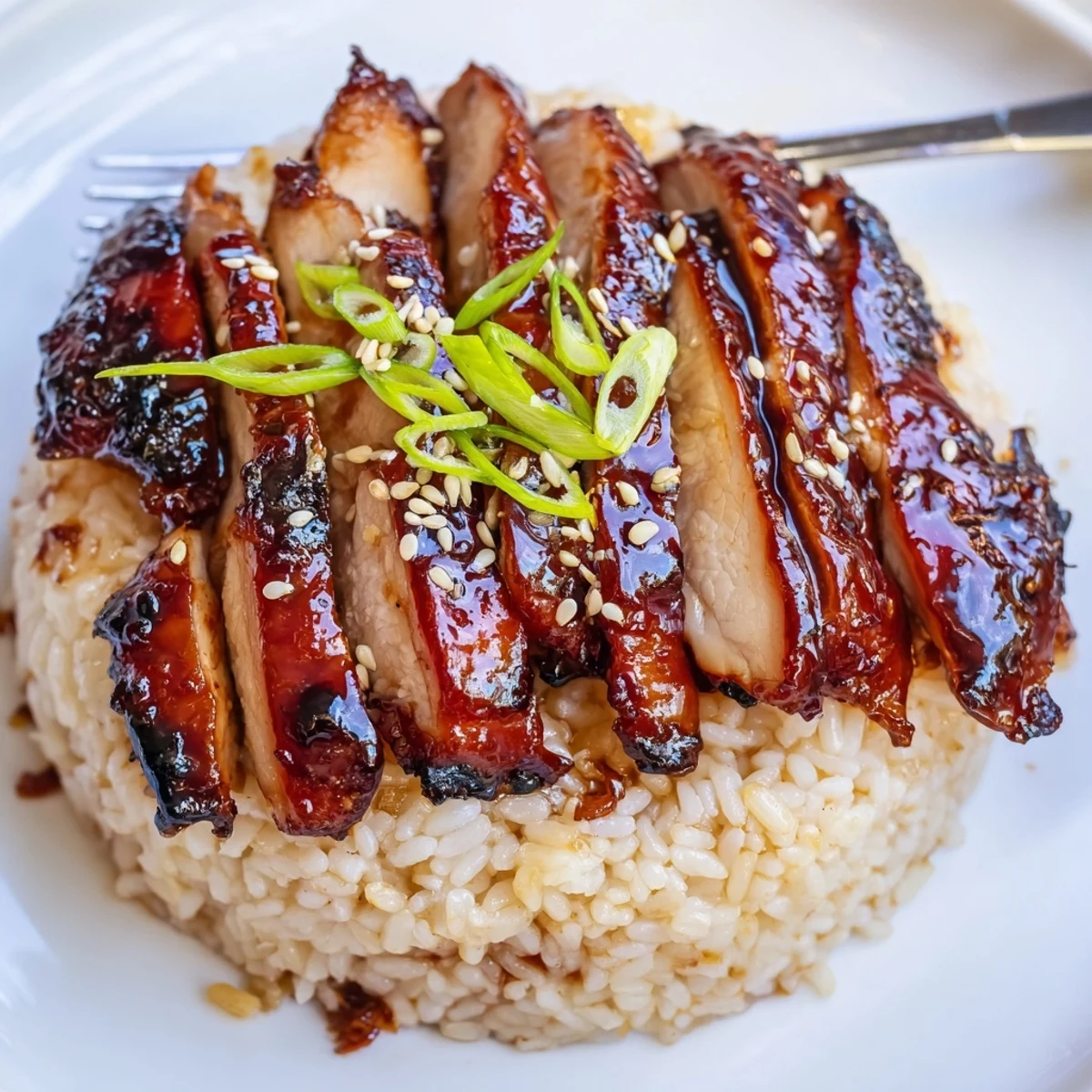 Char Siu Chicken glazed glossy and caramelized, sliced on rice, green onions.