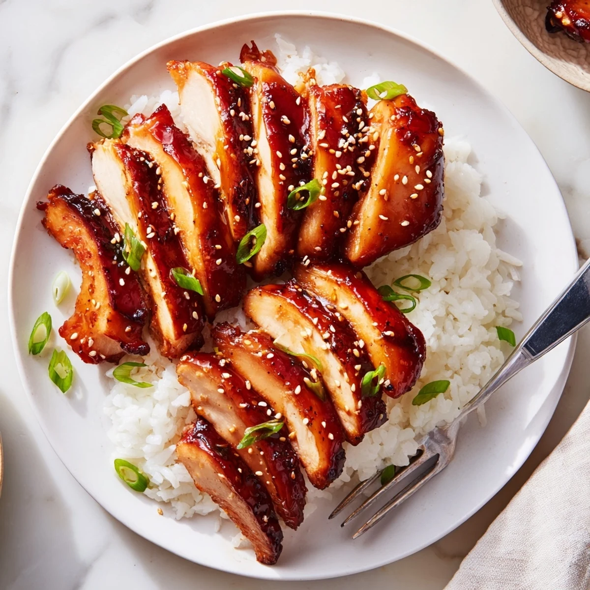 Oven-roasted Char Siu Chicken with sticky honey-hoisin glaze, sesame seeds.