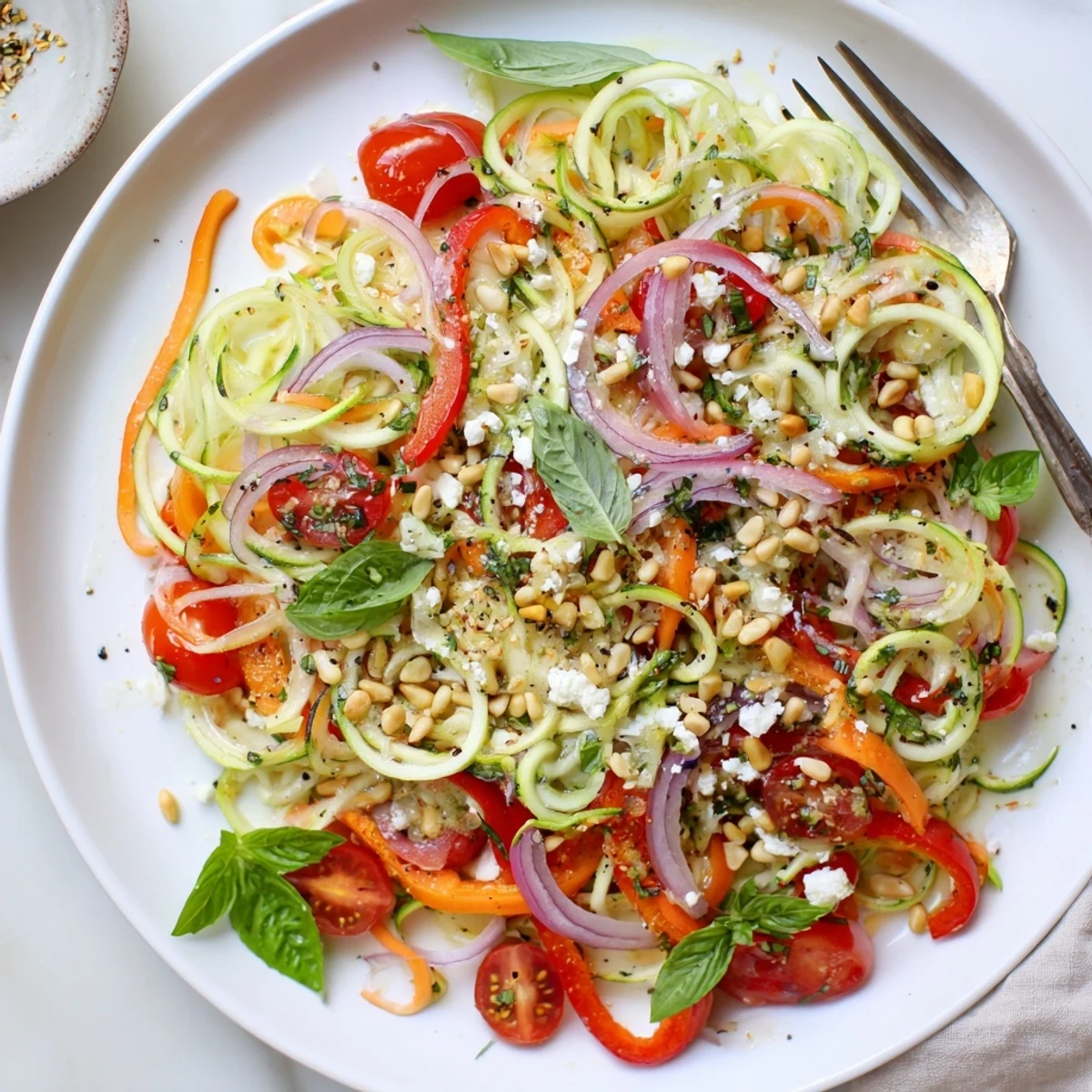 Fresh spiralized zucchini noodle salad with colorful vegetables and tangy citrus dressing