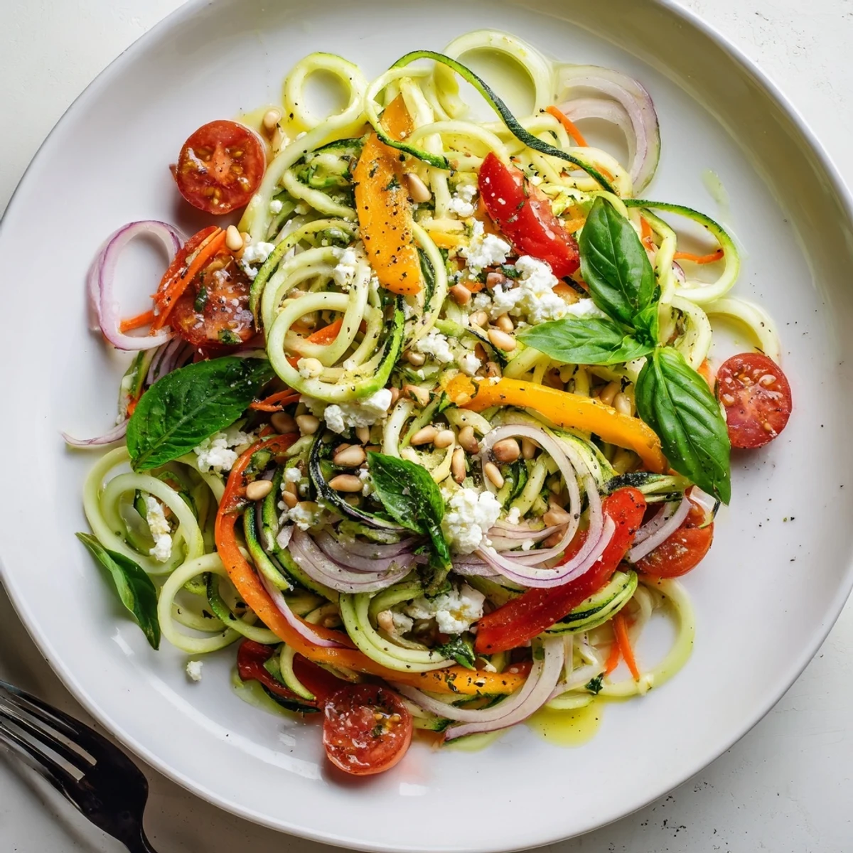 Vibrant zucchini noodle salad bowl topped with cherry tomatoes, bell peppers, and fresh herbs