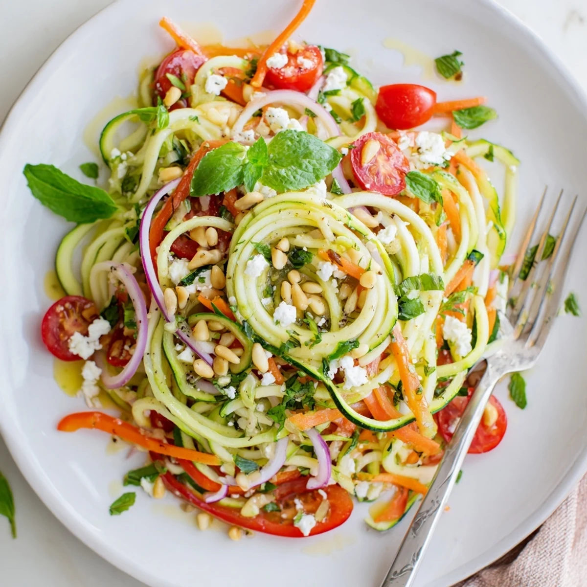 Crisp raw zucchini noodles tossed in zesty lemon-lime dressing with crumbled feta cheese