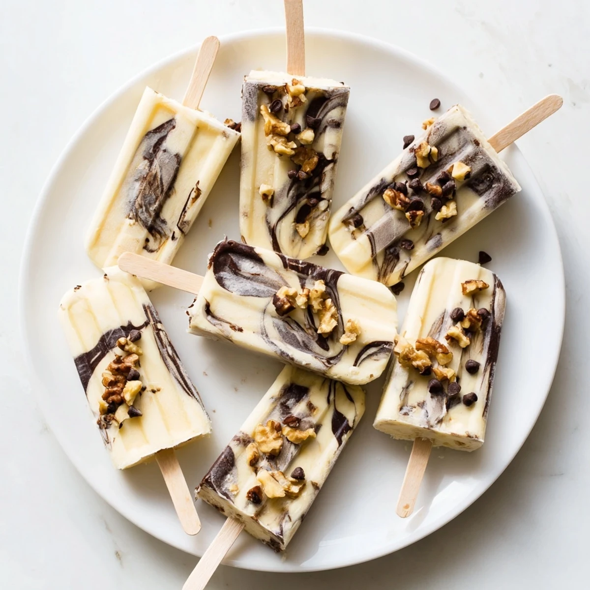 Creamy chocolate banana bliss popsicles with rich dark chocolate swirl on wooden stick