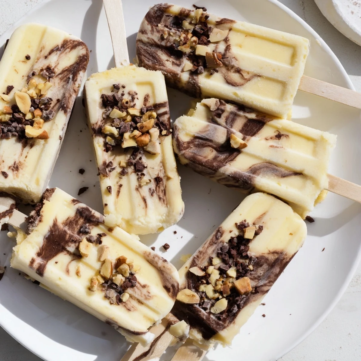 Frozen chocolate banana bliss popsicles featuring marbled dark chocolate and creamy Greek yogurt base
