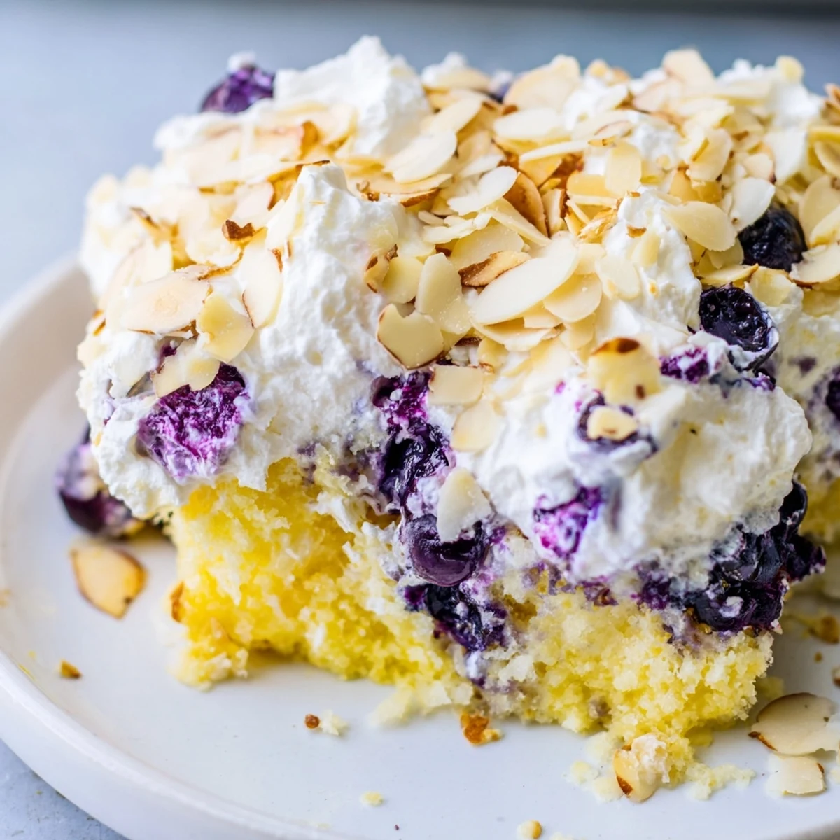Moist lemon poke cake studded with blueberries and drizzled with sweet lemon syrup under whipped topping