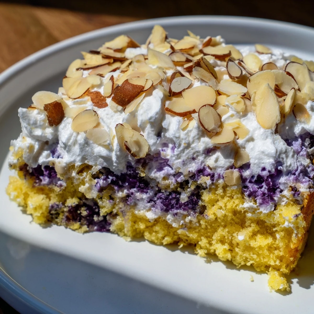 Golden lemon blueberry poke cake topped with fluffy whipped cream and crunchy toasted almonds