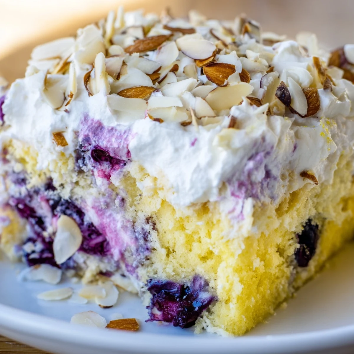 Slice of lemon blueberry poke cake showing tender cake layers with whipped cream and almond garnish