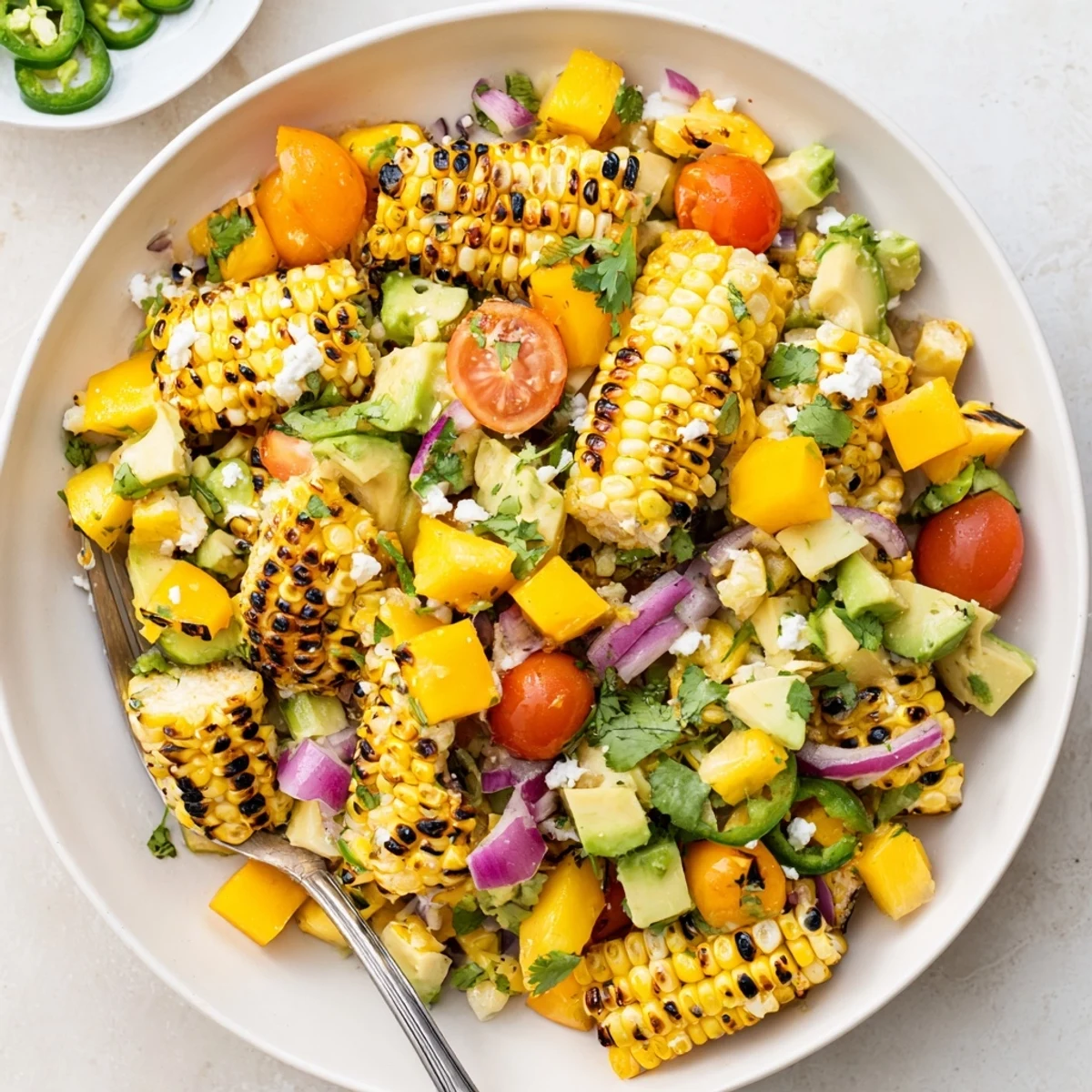 Colorful tropical charred corn and avocado salad topped with fresh cilantro in a white bowl