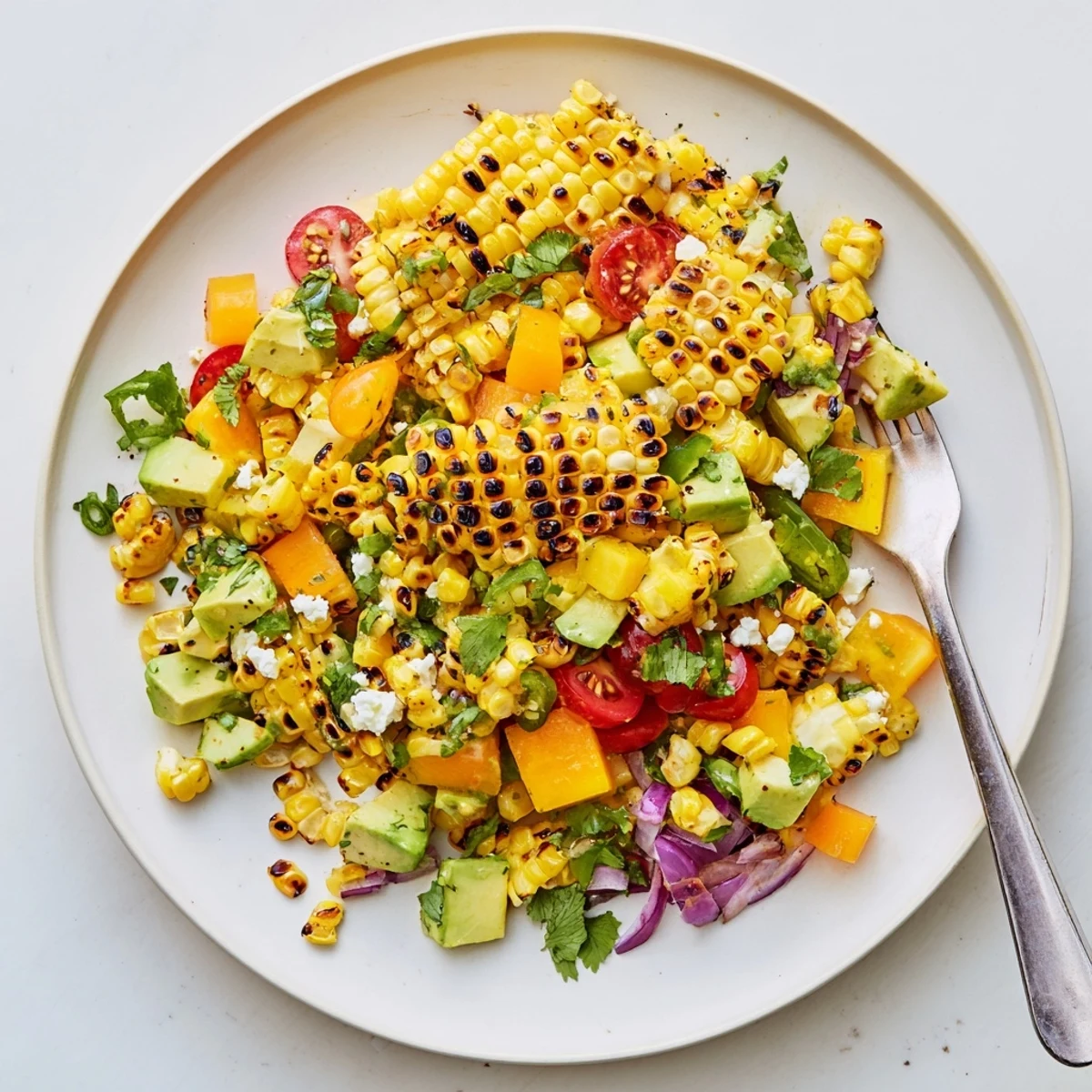 Refreshing tropical charred corn and avocado salad drizzled with zesty lime dressing on rustic table