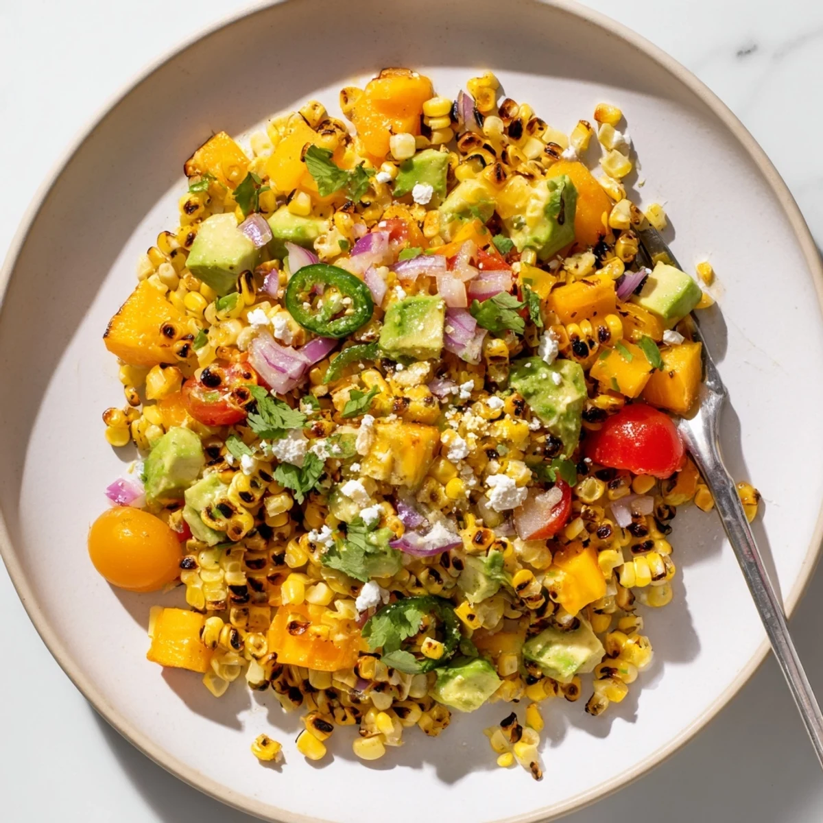 Vibrant summer bowl showcasing grilled corn kernels, creamy avocado, and sweet tropical fruits