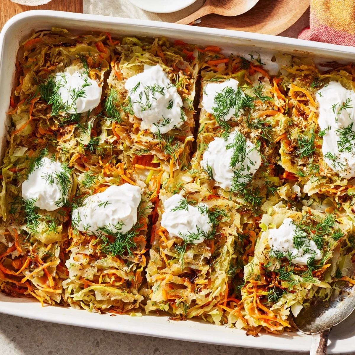 Golden brown slow roasted cabbage and sauerkraut casserole with tender layered vegetables and fresh dill garnish