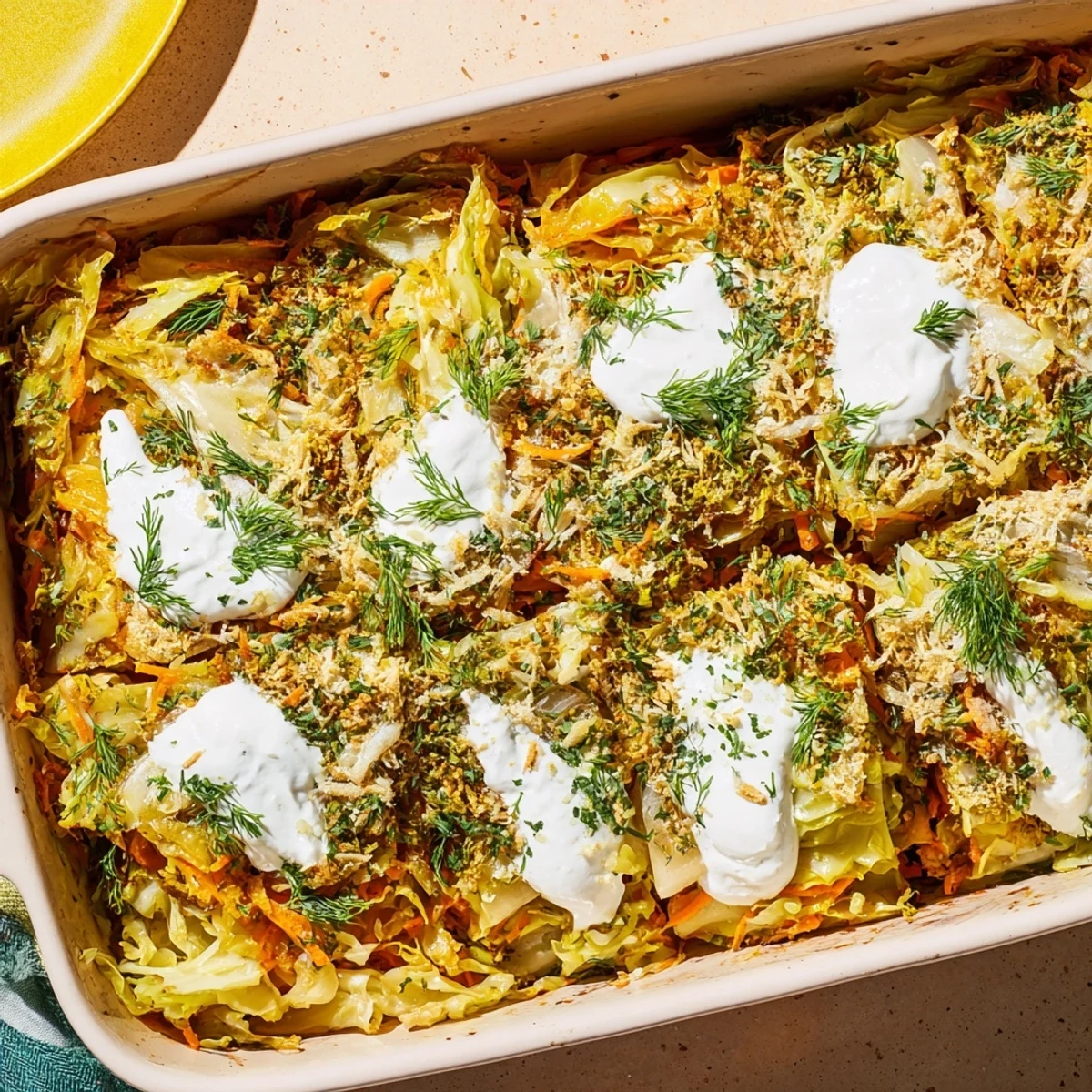 Hearty German style slow roasted cabbage and sauerkraut casserole bubbling in a baking dish with melted cheese topping