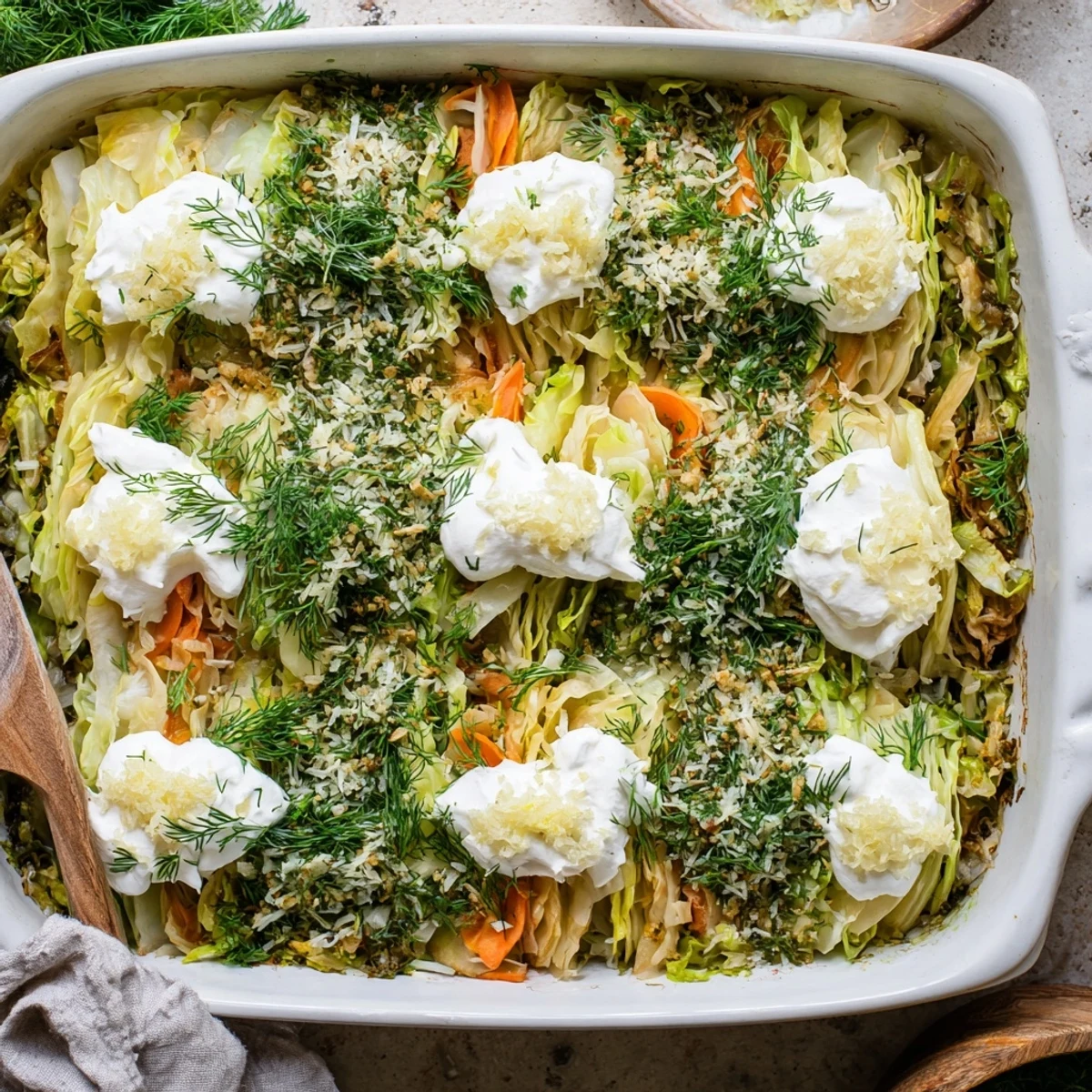 Savory slow roasted cabbage and sauerkraut casserole featuring shredded carrots onions and aromatic caraway seeds