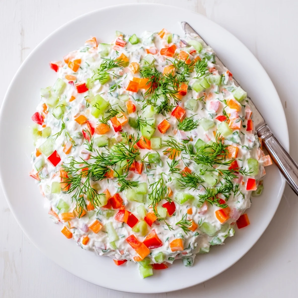 Creamy garden vegetable spread featuring colorful diced peppers and fresh herbs served with crackers