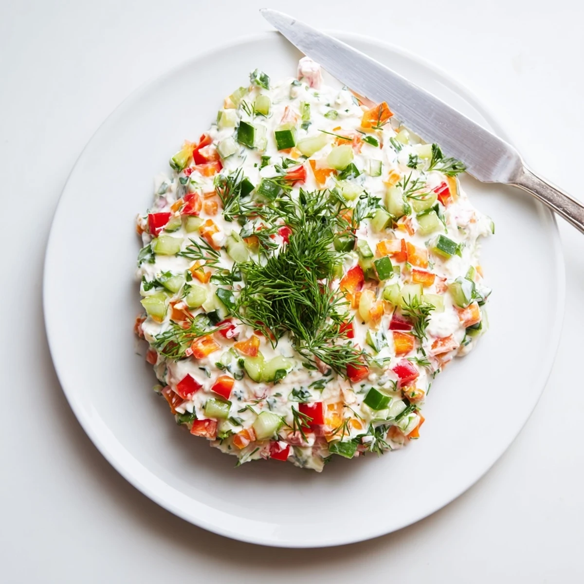 Vibrant garden vegetable spread recipe topped with parsley and dill on a rustic wooden board