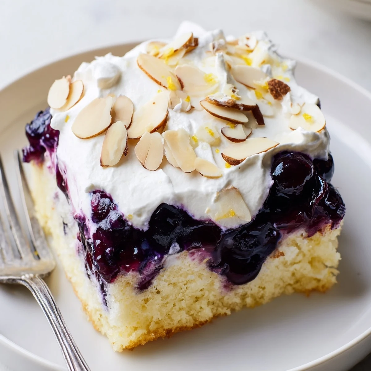 Lemon Blueberry Poke Cake With Almond Topping, moist lemon crumb and glossy blueberry pockets