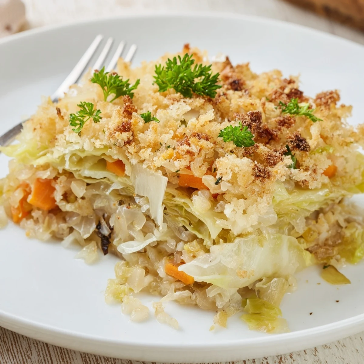Slow Roasted Cabbage And Sauerkraut Casserole with golden breadcrumb crust, steam rising