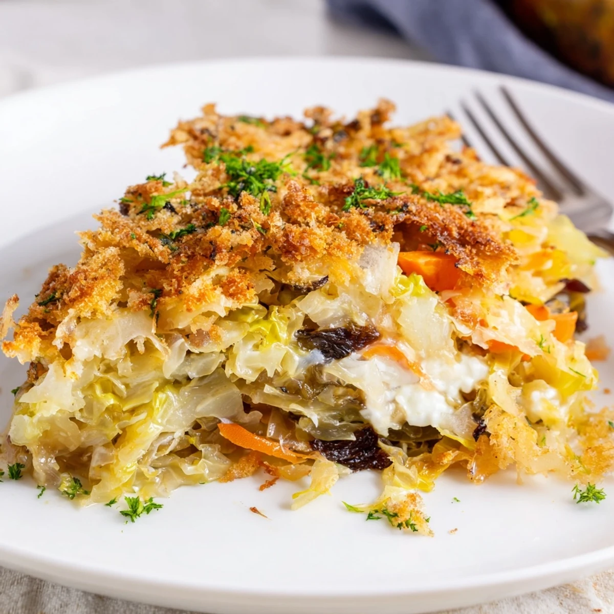 Serve warm Slow Roasted Cabbage And Sauerkraut Casserole with rye bread and mustard