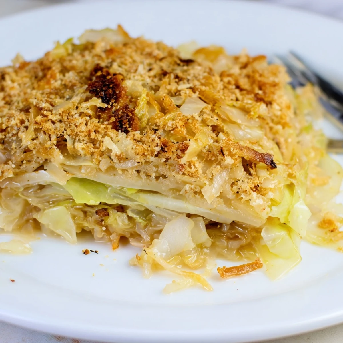 Layers of tender cabbage and tangy sauerkraut in Slow Roasted Cabbage And Sauerkraut Casserole