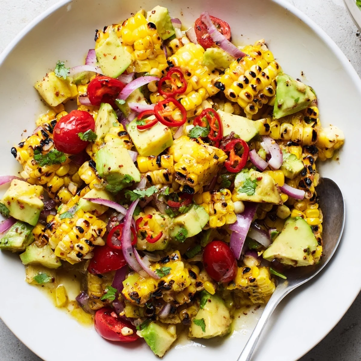 Tropical Charred Corn And Avocado Salad with smoky grilled kernels and zesty lime