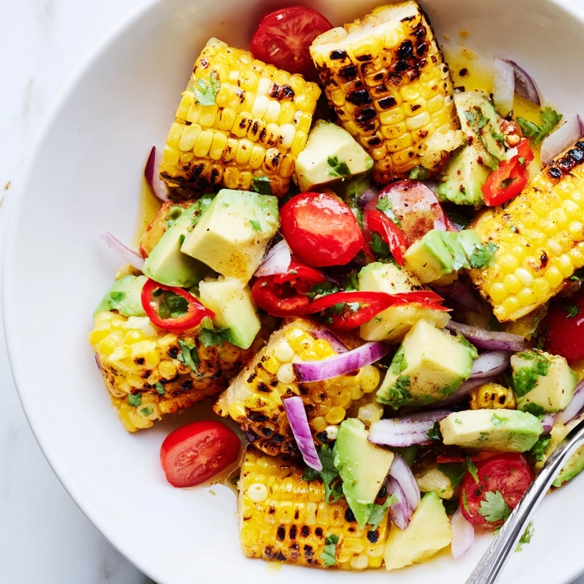 Tropical Charred Corn And Avocado Salad tossed with sweet pineapple, cherry tomatoes, and chili